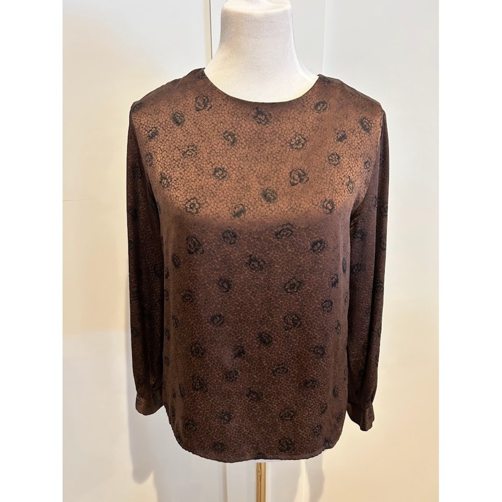 Vintage Silk Land Women's Brown Floral Print Long Sleeve‎ Silk Blouse Size S